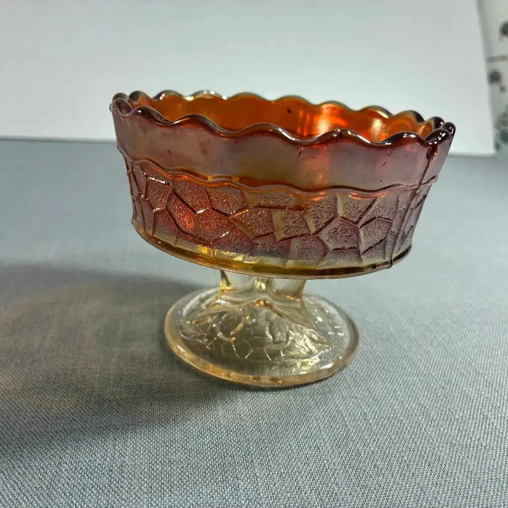 Vintage Marigold Carnival Glass Pedestal Candy Dish Scalloped Bowl 4 Inch